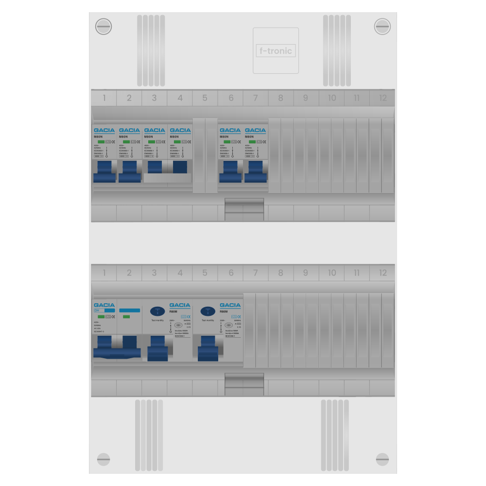Schuin bovenaanzicht 1 fase groepenkast met 4 groepen + Kookgroep