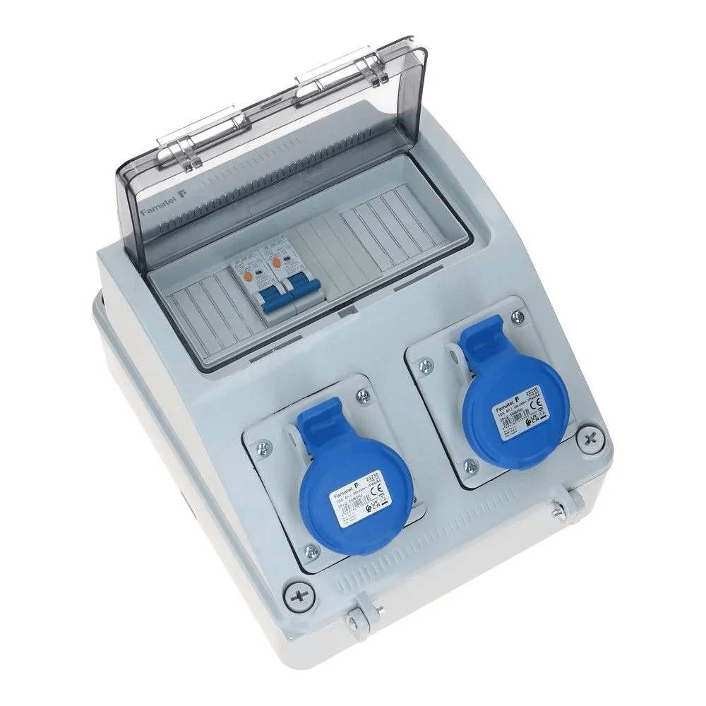 Wandverdeelkast IP54 B16 beveiligd: 2x CEE 16A 3p Wandverdeelkast IP54 B16 beveiligd: 2x CEE 16A 3p