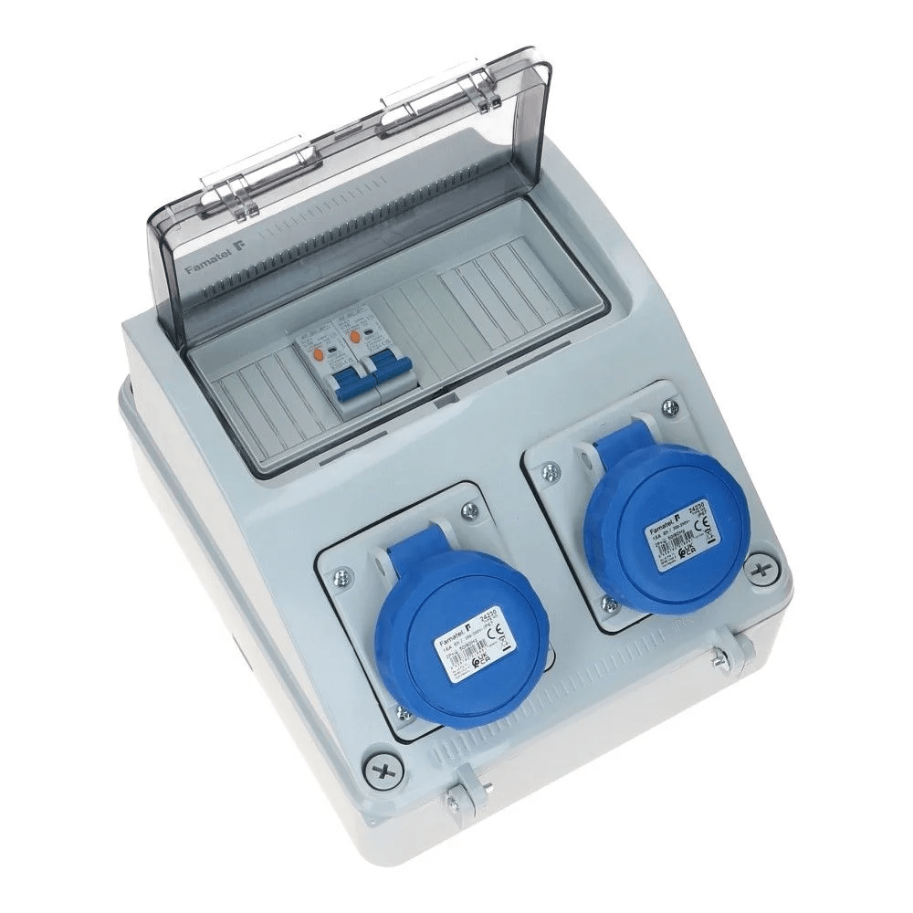 Wandverdeelkast IP65 B16 beveiligd: 2x CEE 16A 3p Wandverdeelkast IP65 B16 beveiligd: 2x CEE 16A 3p