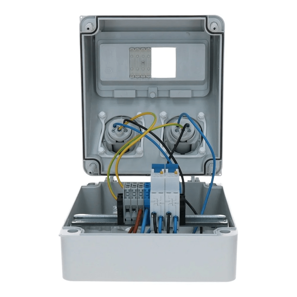 Wandverdeelkast IP65 B16 beveiligd: 2x CEE 16A 3p Wandverdeelkast IP65 B16 beveiligd: 2x CEE 16A 3p