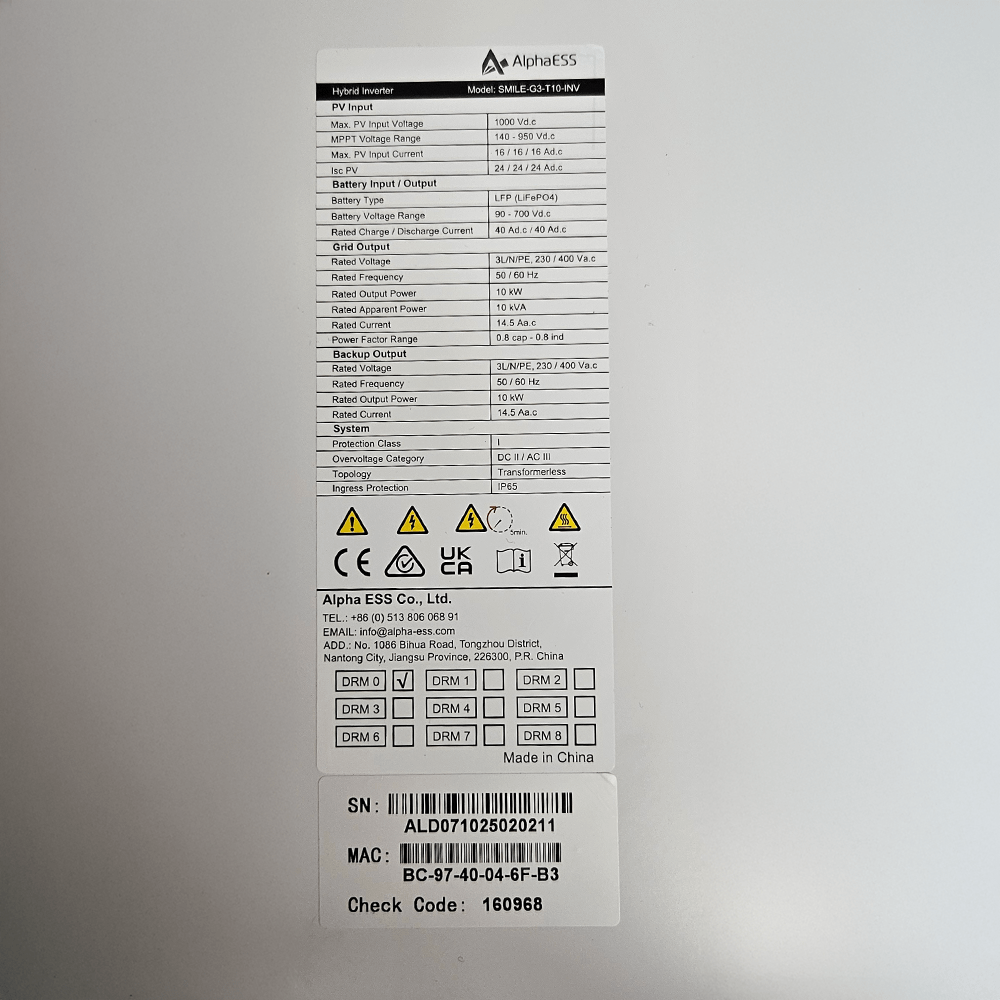 AlphaESS omvormer 10kW 3-fasen SMILE-G3-T10-INV AlphaESS omvormer 10kW 3-fasen SMILE-G3-T10-INV