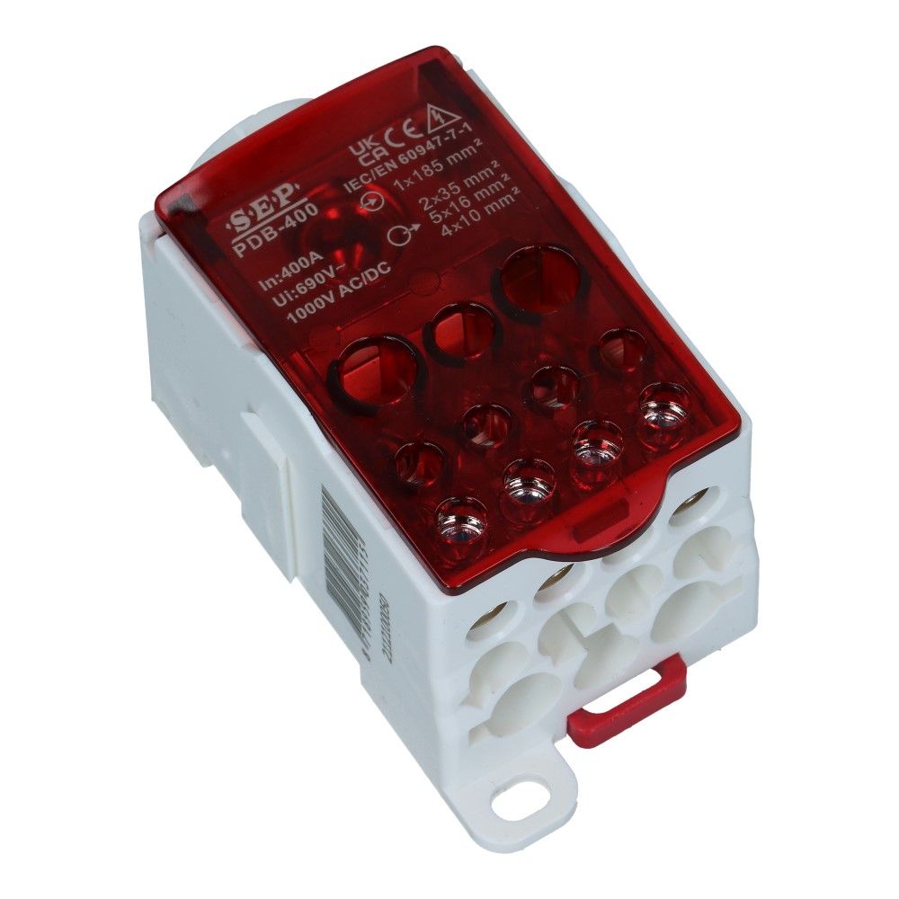 Aftakklem PDB 400A 1x185mm² - 2x35mm² 5x16mm² 4x10mm² 24.5kA Aftakklem PDB 400A 1x185mm² - 2x35mm² 5x16mm² 4x10mm² 24.5kA