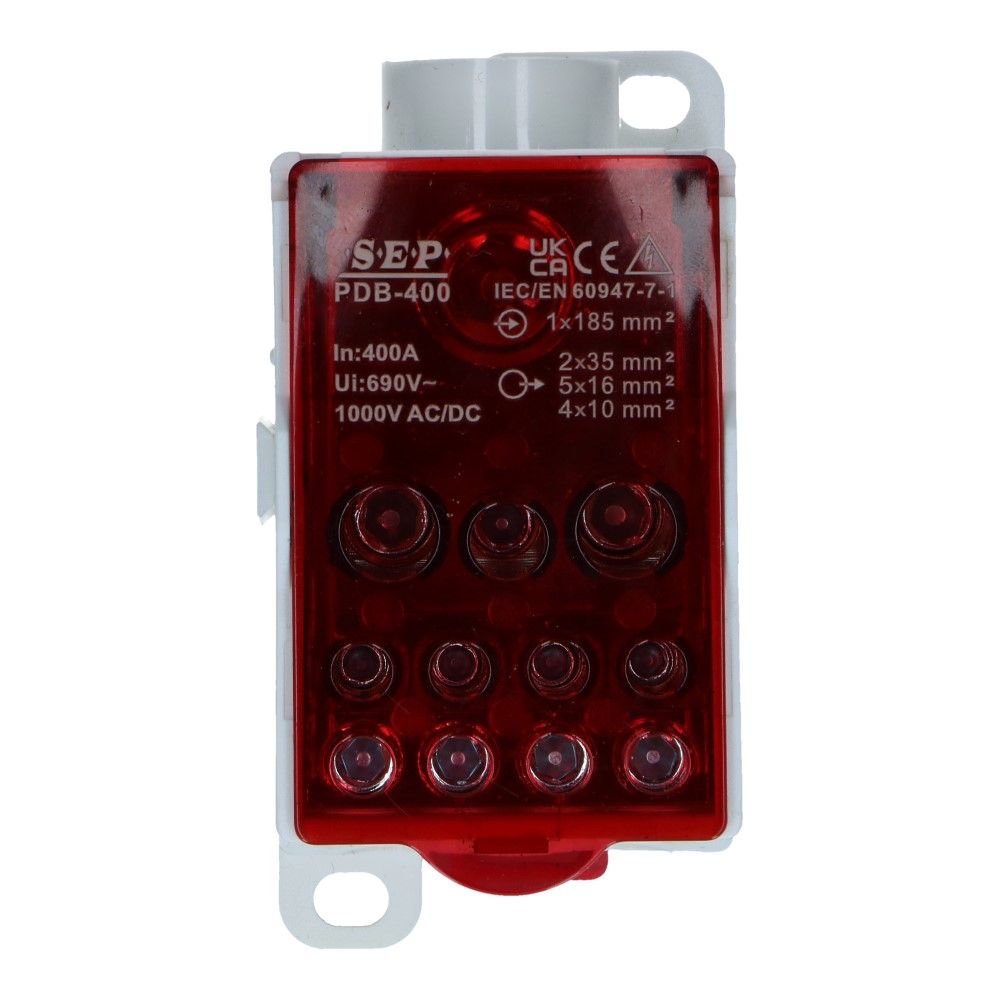 Aftakklem PDB 400A 1x185mm² - 2x35mm² 5x16mm² 4x10mm² 24.5kA Aftakklem PDB 400A 1x185mm² - 2x35mm² 5x16mm² 4x10mm² 24.5kA
