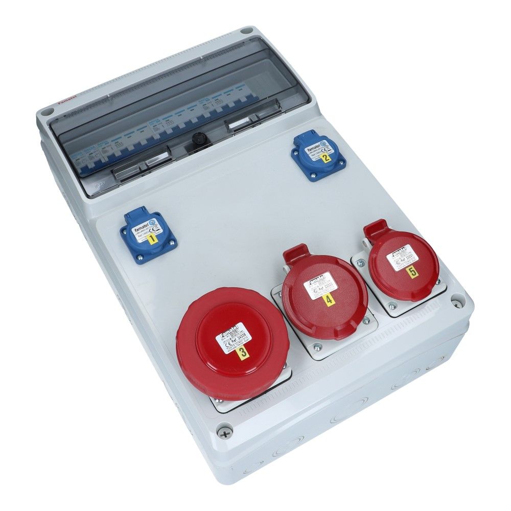 Wandverdeelkast IP44 beveiligd: 1x CEE 63A 5p 1x32A 5p 1x16A 5p 2x schuko